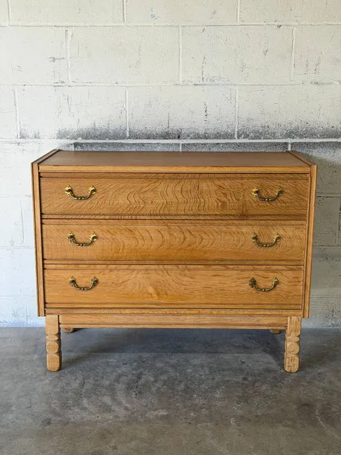Oak 3 Drawer Dresser Chest with Brass Pulls Mid-Century Modern 1960s