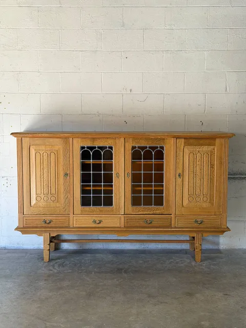 Oak Sideboard Credenza with Leaded Glass Doors Four Drawers Mid-Century Modern 1960s