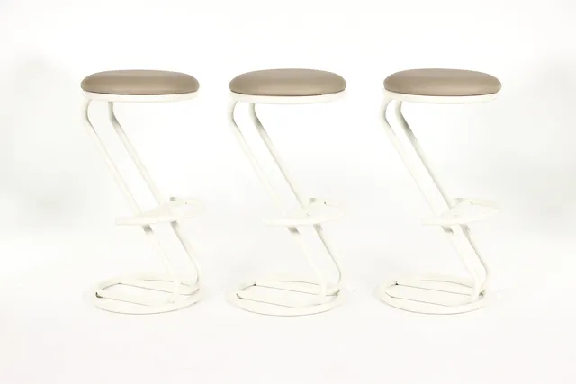 #2149 —Mid Century Vintage Modernist French Barstools — Louis Sognot — Tan Leather — Set of 3