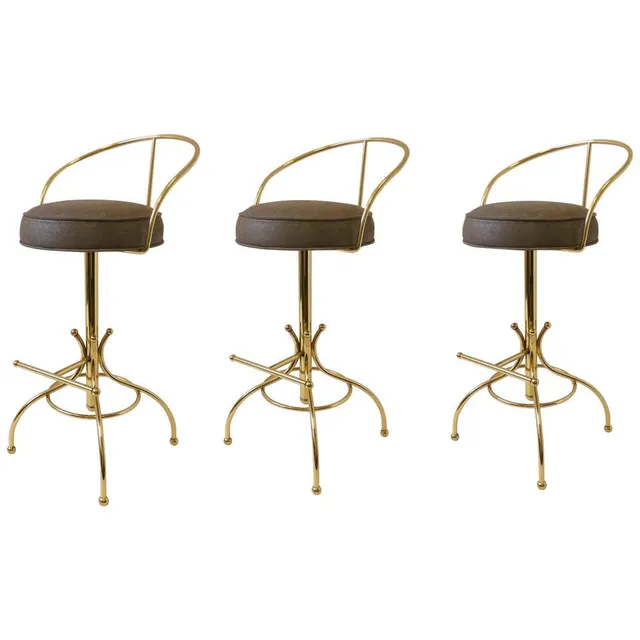 Set of Three Brass and Suede Leather Swivel Barstools by Charles Hollis Jones