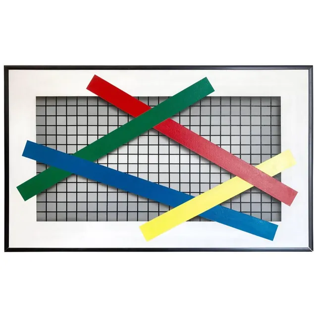 Joseph Ramsauer Postmodern 1987 “Primary Forms on Grid” Painting or Collage