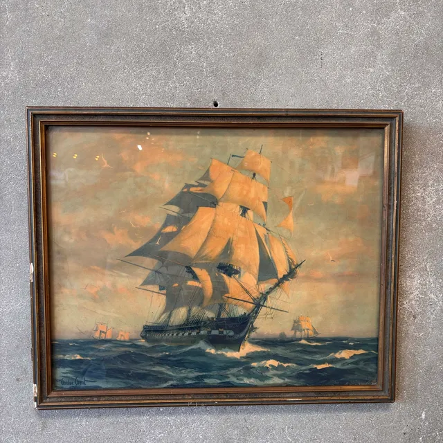 Vintage Framed Gordon Grant 1927 Lithograph Print Old Ironsides