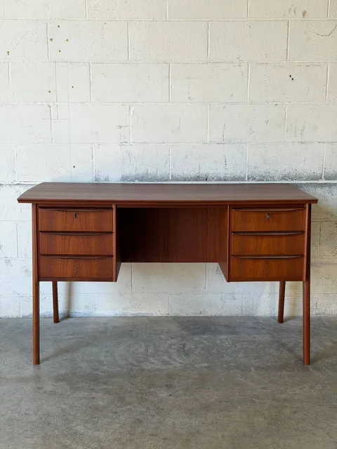 Teak 6-Drawer Executive Writing Desk with Sculpted Handles Vintage Mid-Century Modern 1960s
