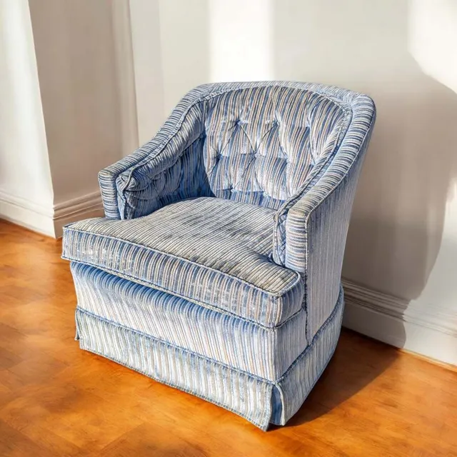 Vintage Blue Striped Velvet Swivel Lounge Chair, Late 20th Century