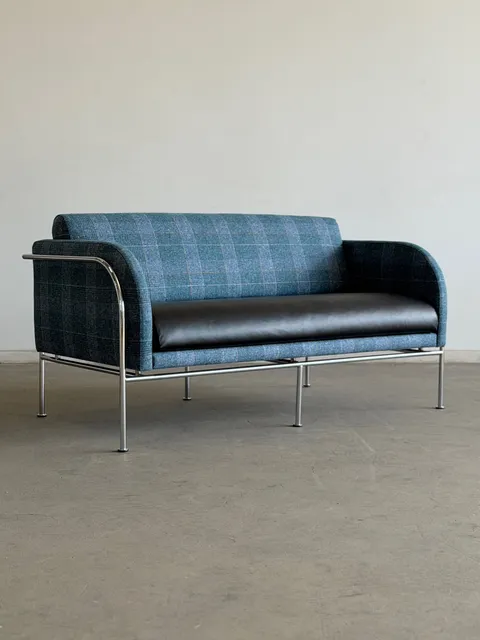 1970's Danish Loveseat by Friis & Elmar Moltke Nielsen For Randers Denmark in Leather and Blue Plaid