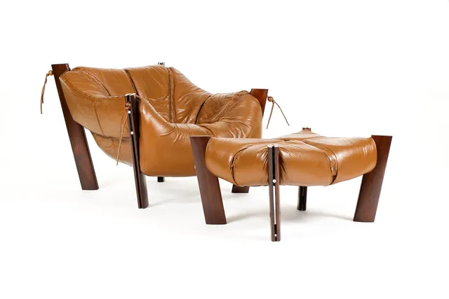 #2156 —Mid Century Brazilian Modernist Lounge Chair + Ottoman — Percival Lafer — Model MP-211 — Brown Leather + Rosewood
