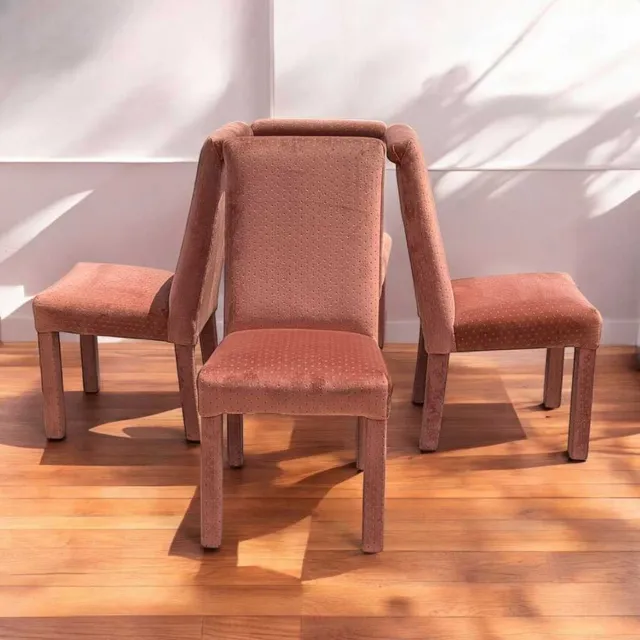 Set of 4 Postmodern Dining Chairs – 1980s Salmon Pink Velvet Upholstery, High Back Chairs, Vintage Modern Design, Sculptural Seating