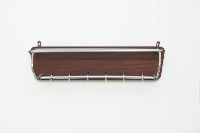 Mid-Century Teak and Chrome Wall Mount Coat Rack