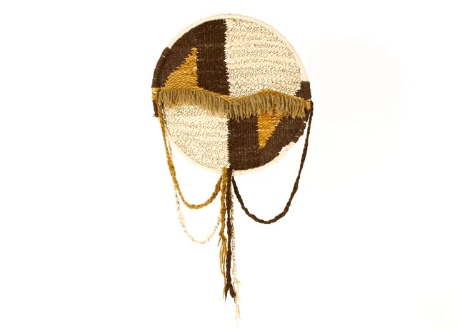#2219 — Vintage Mid Century 70’s Era Large Round Woven Wall Hanging / Fiber Art — Earthtones