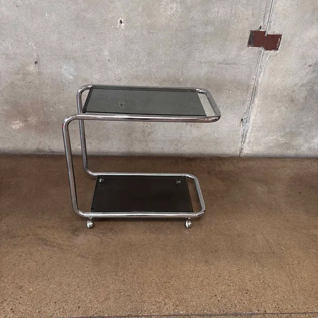 Vintage Italian Chrome Cart With Smoked Glass