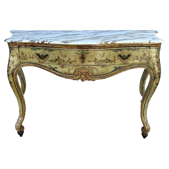18th Century Italian Hand-Painted Console Table with Later Marble Top – Genoese Antique with Bronze Hardware