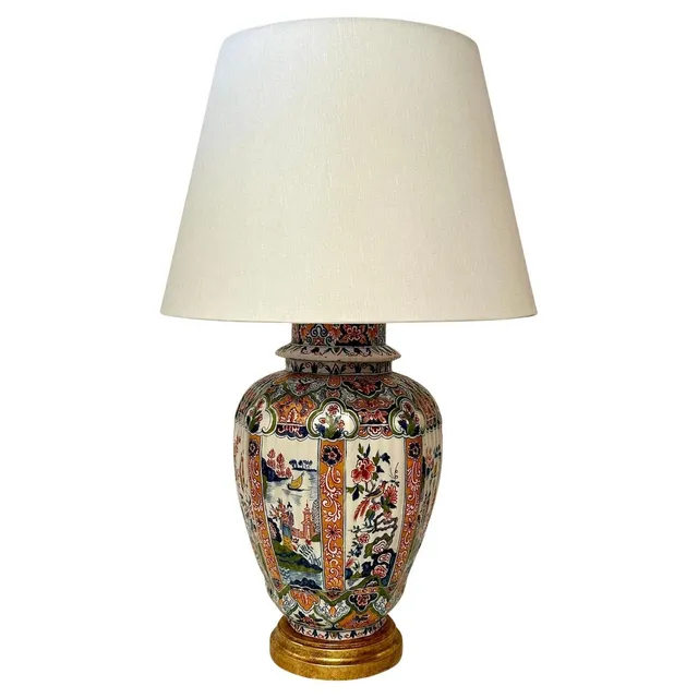 19th Century Delft Vase Converted to Lamp – Tin-Glazed Pottery with Gilt-Wood Base & Textured Shade