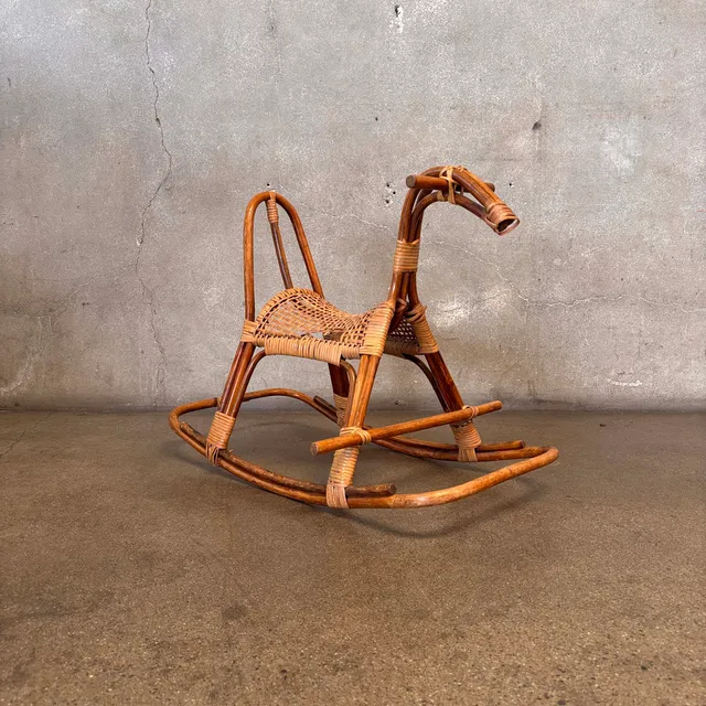 Mid Century Modern Franco Albine Style Rattan & Bamboo Rocking Horse C. 1960s