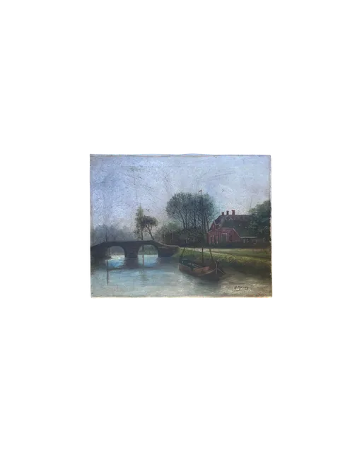 Riverbank Cottage Oil Painting, c. 1900