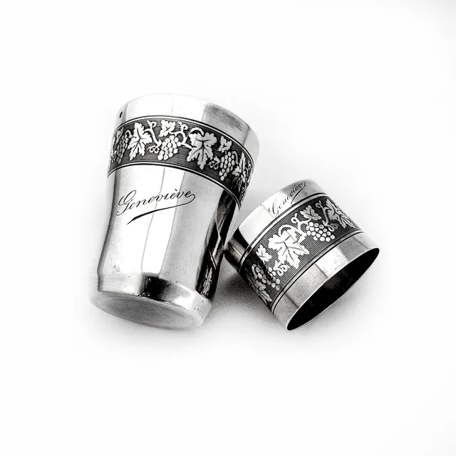 French Engine Turned Grape Beaker Napkin Ring Set Sterling Silver