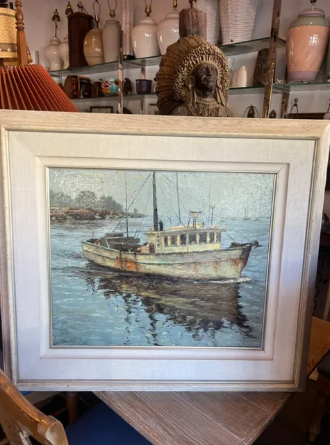 Dreary Day | Mid-century Painting of a Boat