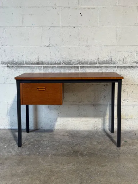 Teak Desk with Single Floating Drawer and Black Metal Frame Danish Mid-Century Modern 1970s