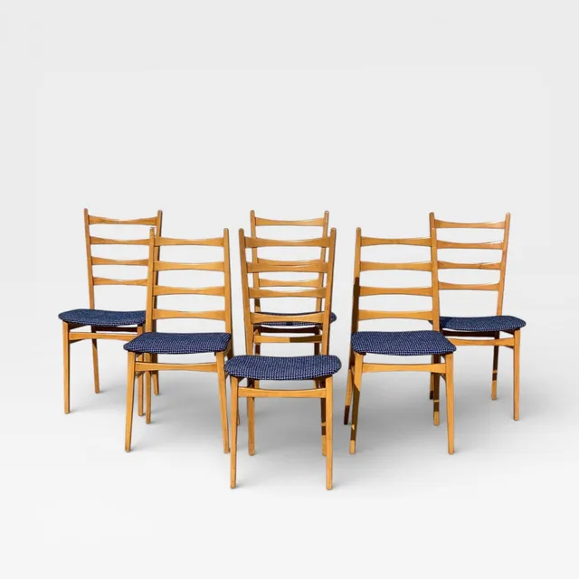 Set of Six Mid-Century Modern Ladderback Dining Chairs with New Upholstery