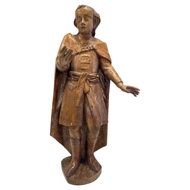 18th Century Italian Hand-Carved Wooden Statue of a Man – Antique Religious or Decorative Sculpture with Traces of Silver Gilding