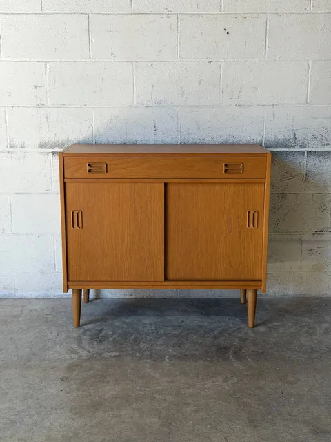 Oak Sideboard Credenza with Sliding Doors and Top Drawer Vintage Mid-Century Modern 1960s