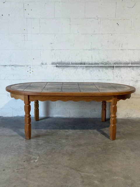 Oak Inset Tile Top Oval Coffee Table with Scalloped Apron Vintage Mid-Century Modern 1970s