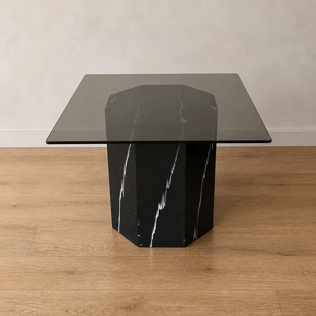 Vintage Side Table, Square Glass Top, Postmodern, Pedestal, Ceramic, Faux Marble, 80s, mid century