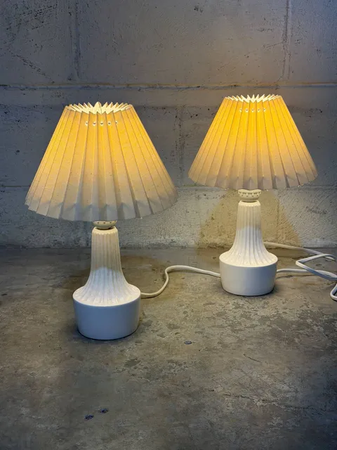 White Ceramic Table Lamps with Pleated Shades Set of 2 Mid-Century Modern 1960s