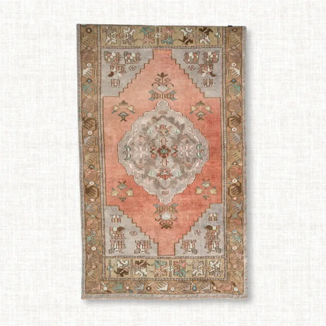Vintage Anatolian Medallion Rug – Coral & Soft Grey