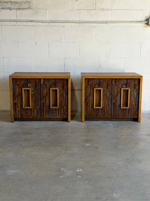 Lane Brutalist Oak Nightstands Set of 2 Wooden Bedroom Storage End Tables 1970s