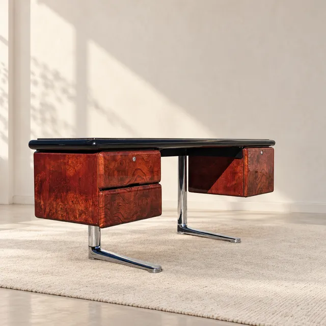 Warren Platner for Knoll 1970s Oak, Burl, Acrylic and Chrome Executive Desk