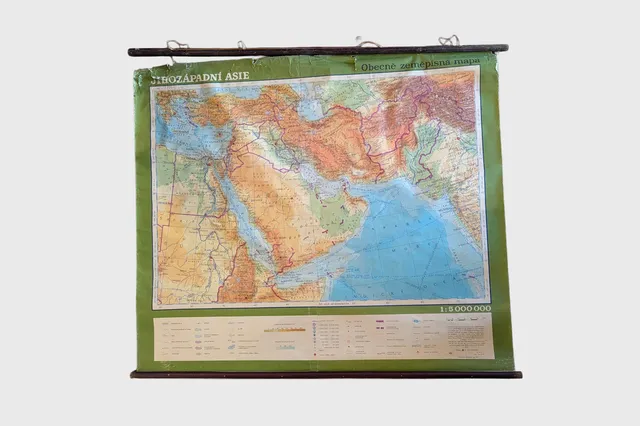 Mid-Century Czecho-Slovakian Map of Southwest Asia, 1980s
