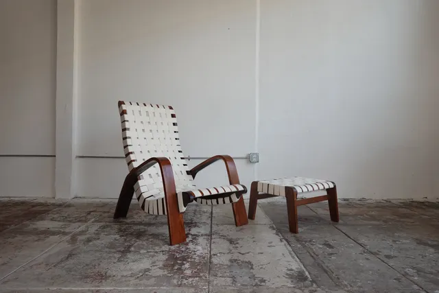 1930s Bentwood & Canvas Modernist Lounge Chair & Ottoman, Czech Republic