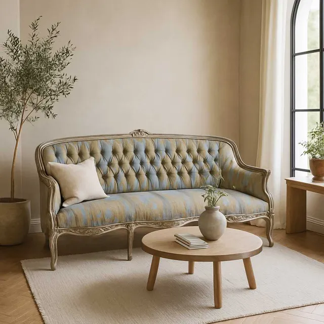 Antique French-Style Carved Wood Sofa with Blue and Gold Upholstery