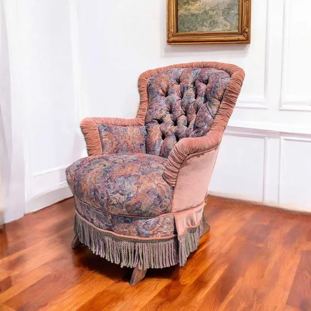 Antique Tufted Rocking Chair – Custom Upholstered Victorian Accent Chair with Fringe Trim & Floral Velvet Fabric