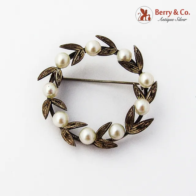 Japanese Round Foliate Pearl Brooch Sterling Silver 1940