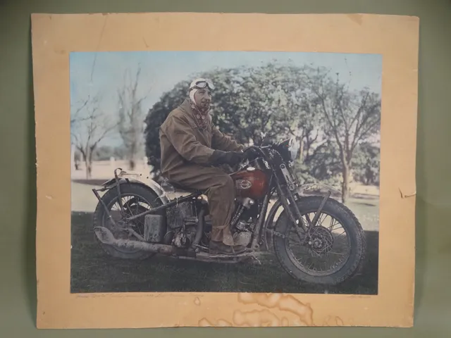 Winning Motorcyclist 1920s Tinted Photo Mounted on Paper AP1744