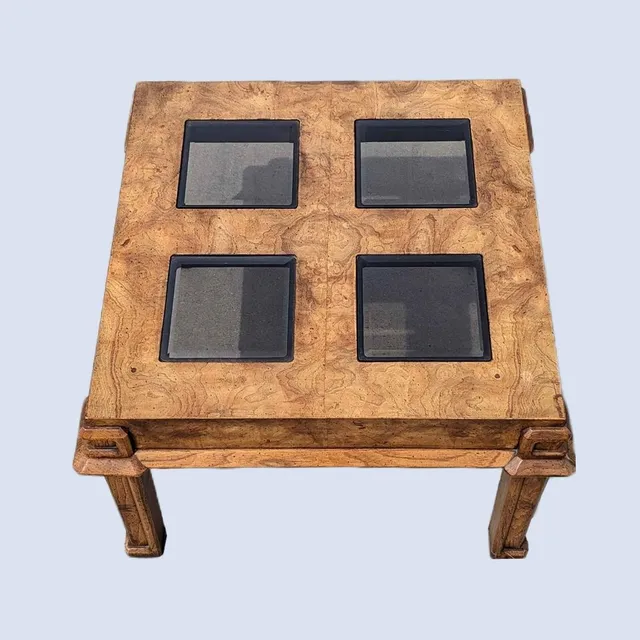 Vintage Side End Table, Square, Burl Wood, Smoked Glass, Solid Wood, Mid Century, MCM, Postmodern