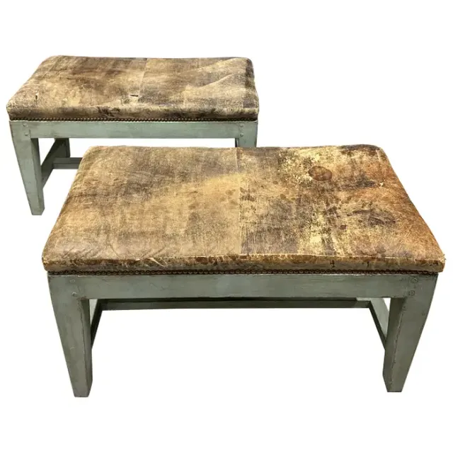 Antique Distressed Leather Painted Benches