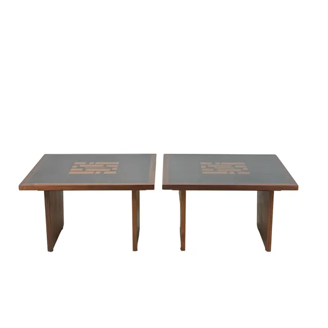 Rare Pair of Black Resin and Walnut Inlay End Tables by Frank Rohloff