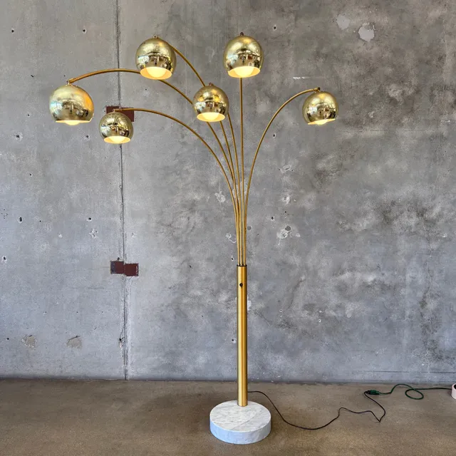 Vintage Italian Modern Brass Arc Floor Lamp - Six Lights w/ Dimmer