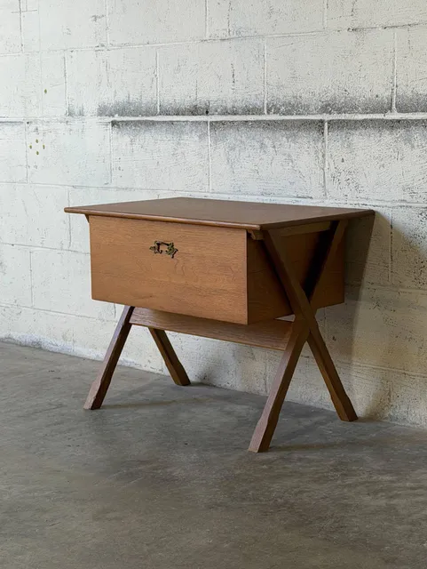 Oak Sewing Table with X-Frame Legs and Built-In Storage Vintage Mid-Century Modern 1960s