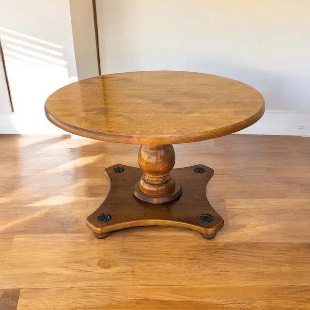 Vintage Round Solid Maple Pedestal End Table with Decorative Rosettes