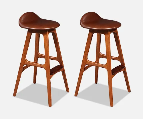 Erik Buch Teak & Cognac Leather Bar Stools for Oddense Maskinsnedkeri