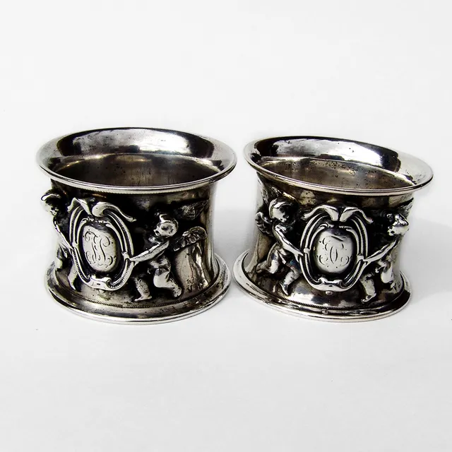 German 813 Silver Large Ornate Napkin Rings Pair 1850
