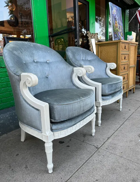 Three Gods Walk Into A Cocktail Party | Pair of 1950s Blue Velvet Arm Chairs