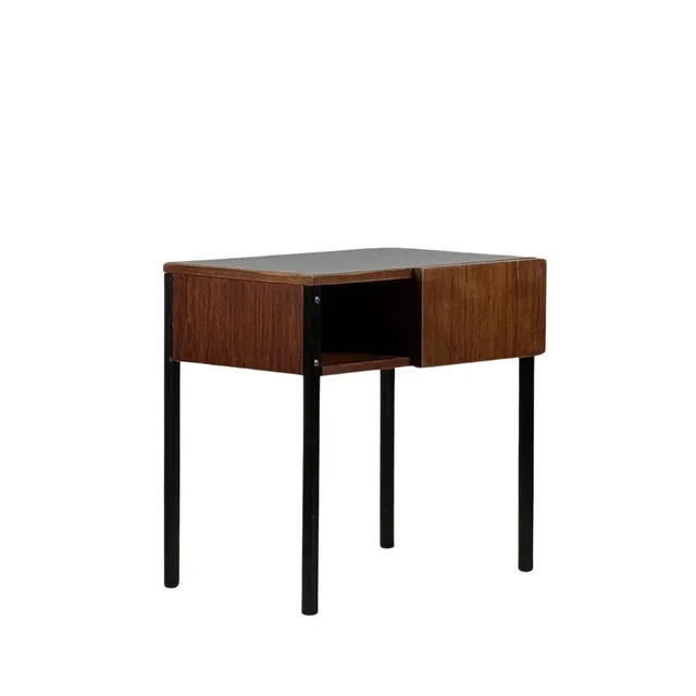 Small French 50's Teak and Black Laminate Night Stand or Side Table