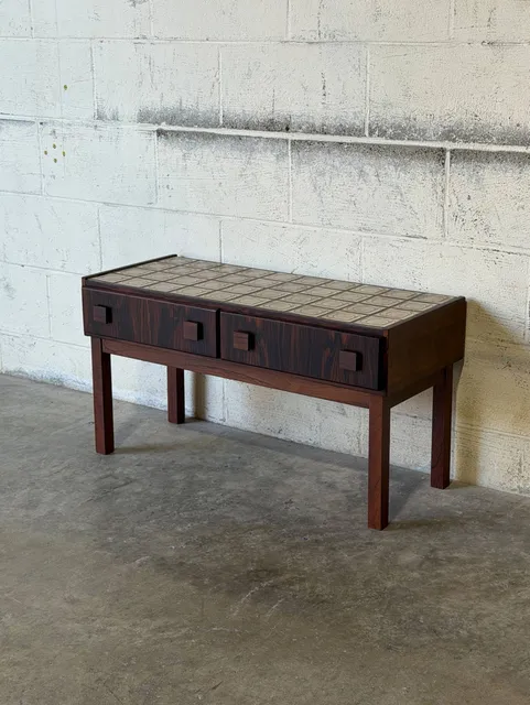 Rosewood 2-Drawer Entryway Console Table with Geometric Tiled Top Mid-Century Modern 1960s