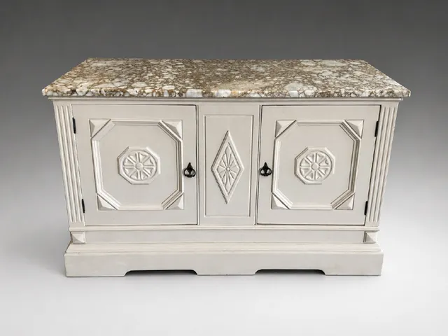 The Stratelle | Vintage Carved Cabinet, Breccia Stone Top