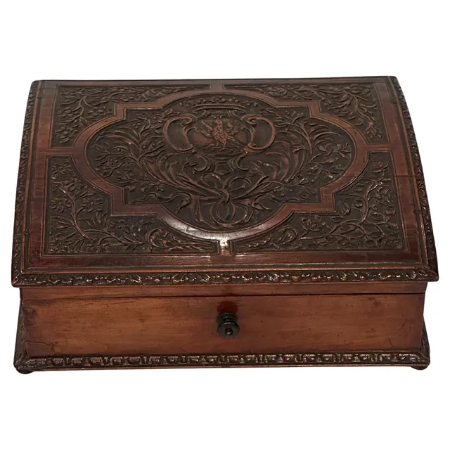 18th Century Carved Walnut Box – Italian Hand-Carved Phoenix & Floral Design, Silk Lined (Circa 1780, Florence)