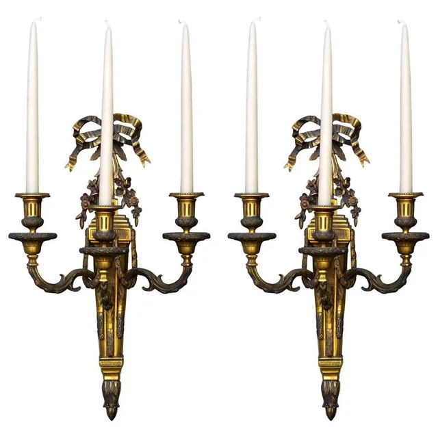 Pair of Monumental Gilt Bronze Louis XVI Style Sconces